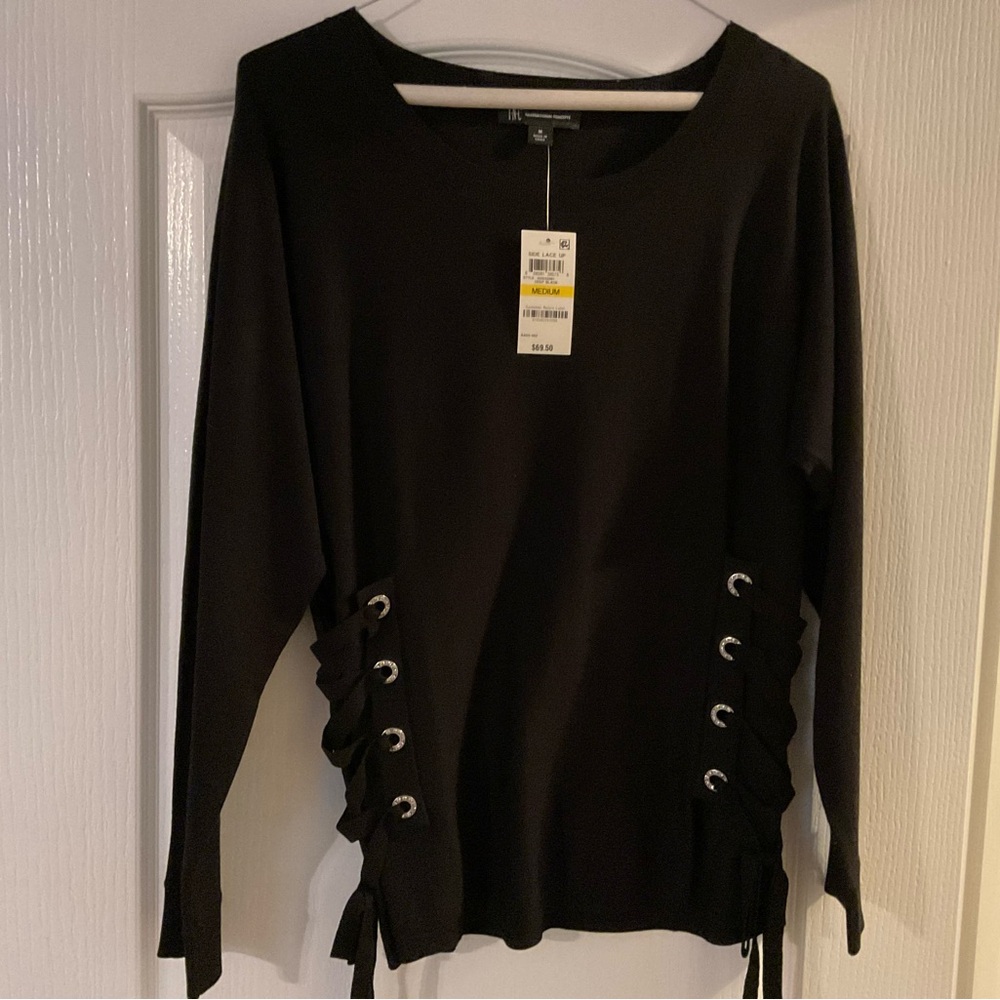 INC International Concepts Black Lace-Up Long Sleeve Top